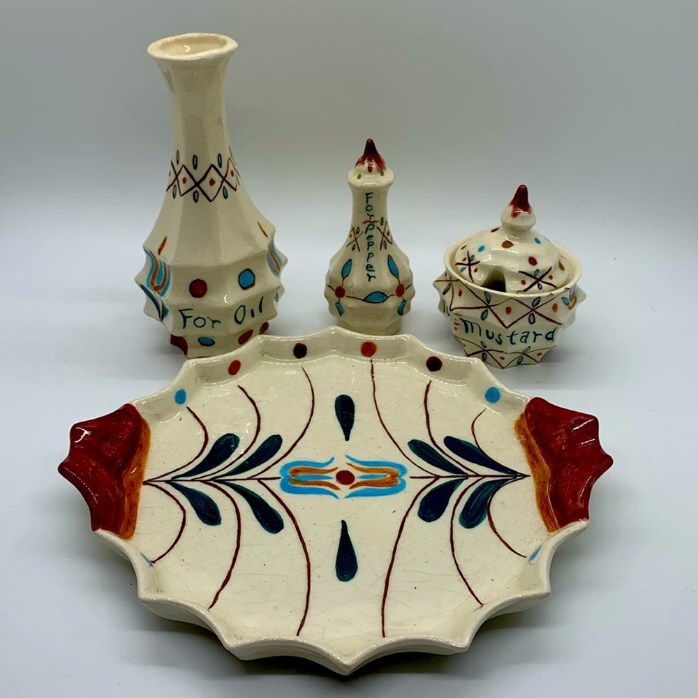 Condiment set with tray.  Ceramic.  Atlantic City Pennsylvania Dutch Shop.